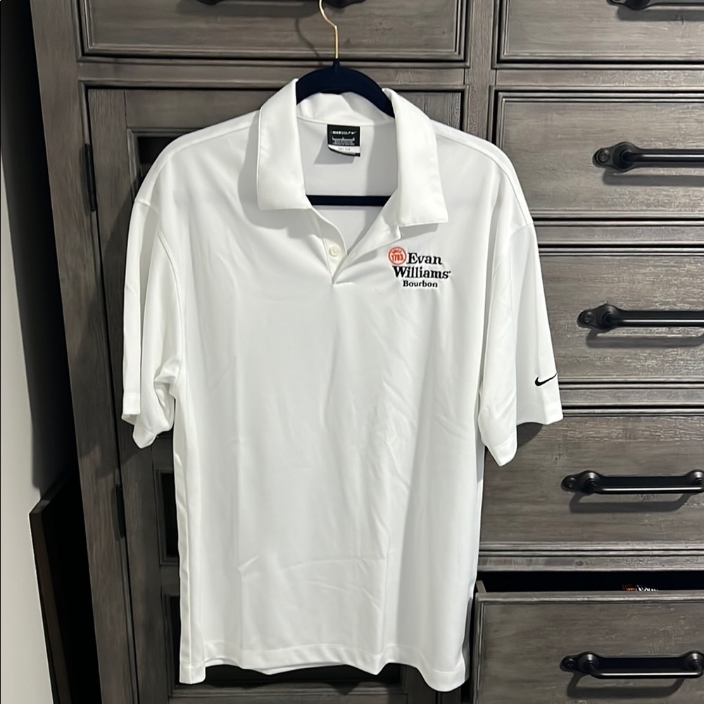Mens Nike White Golf Polo Shirt, size L! Evan Williams Bourbon logo